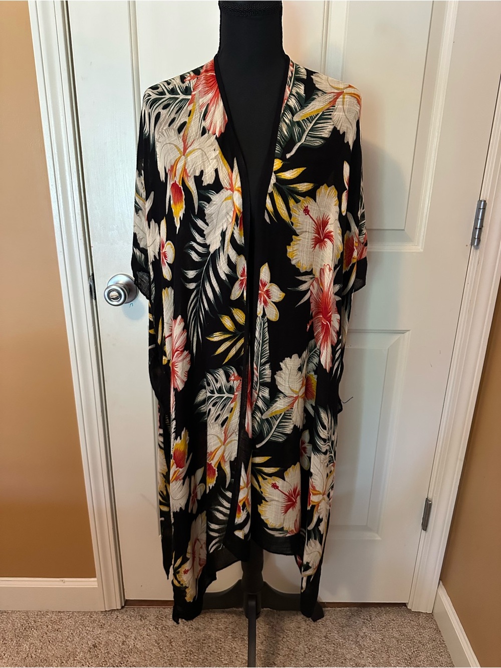 Black Floral Kimono Wrap - Lightweight Tropical Scarf
